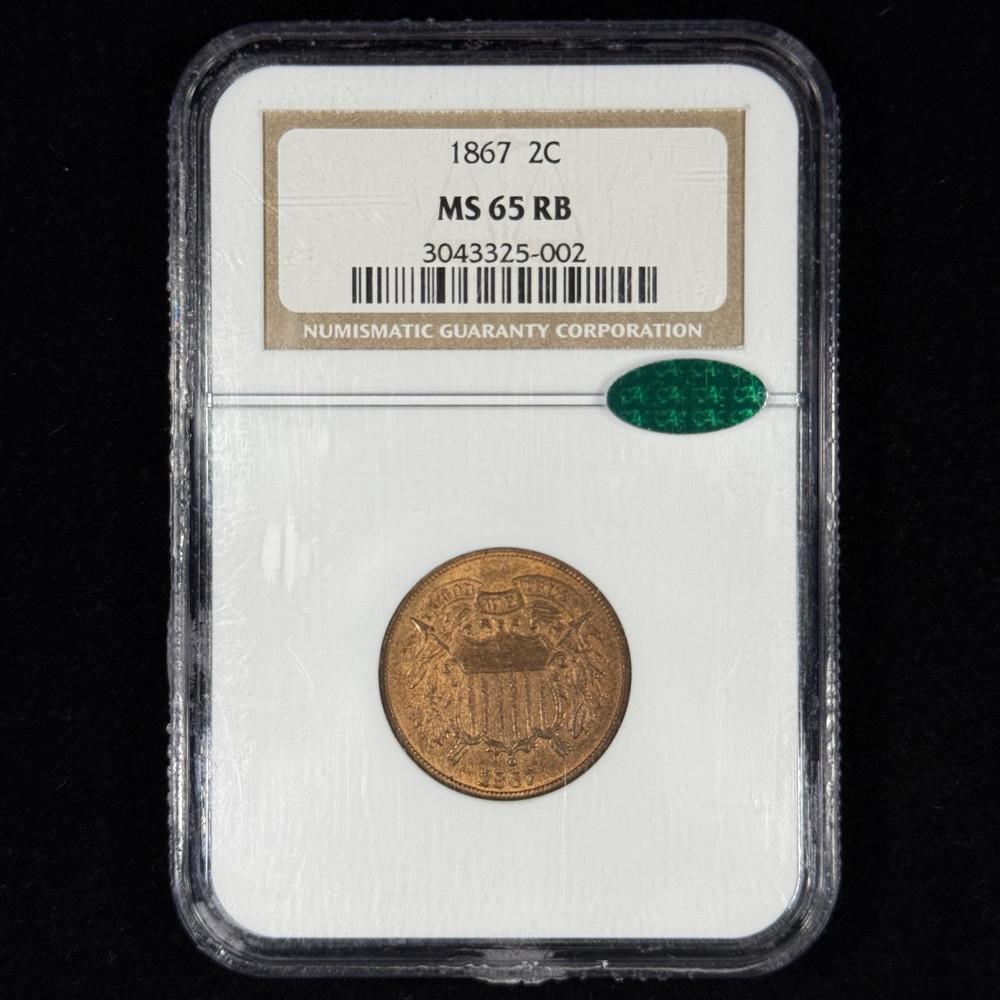 1867 2C MS65 RB NGC Two Cent Piece - CAC Approved - Nice Coin