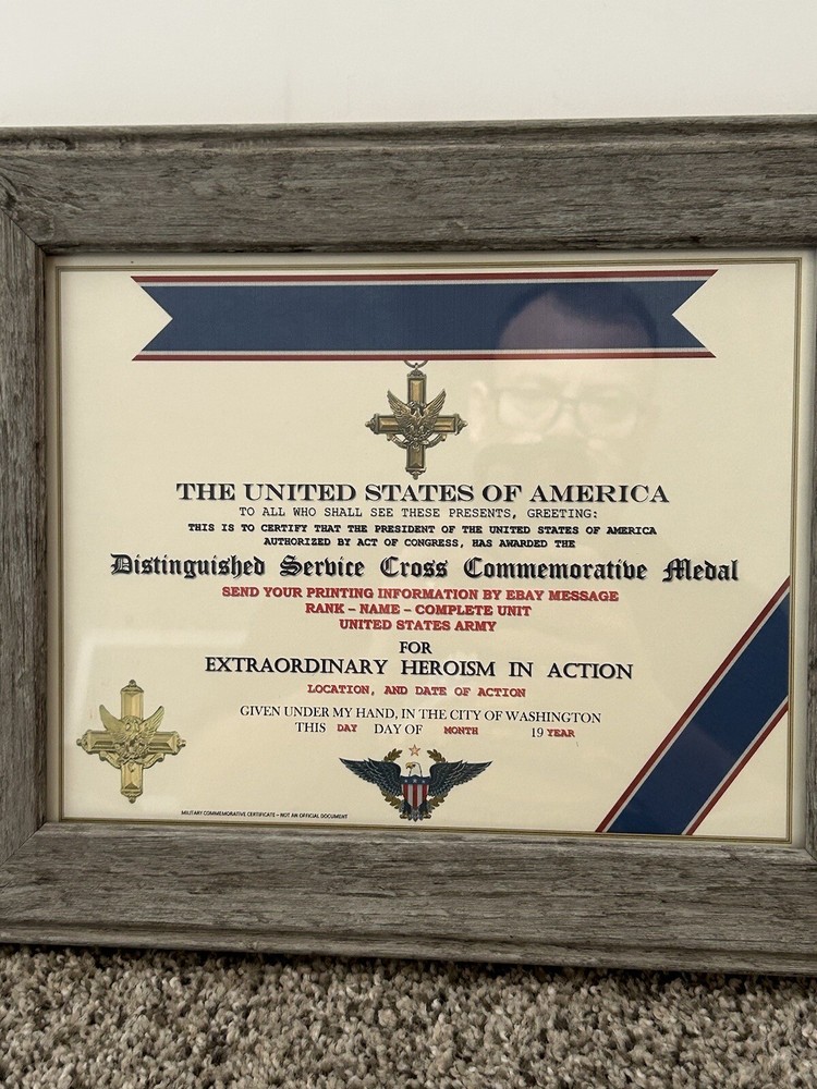 ARMY CROSS DISTINGUISHED SERVICE COMMEMORATIVE CERTIFICATE ~ CUSTOM PRINTING T-1