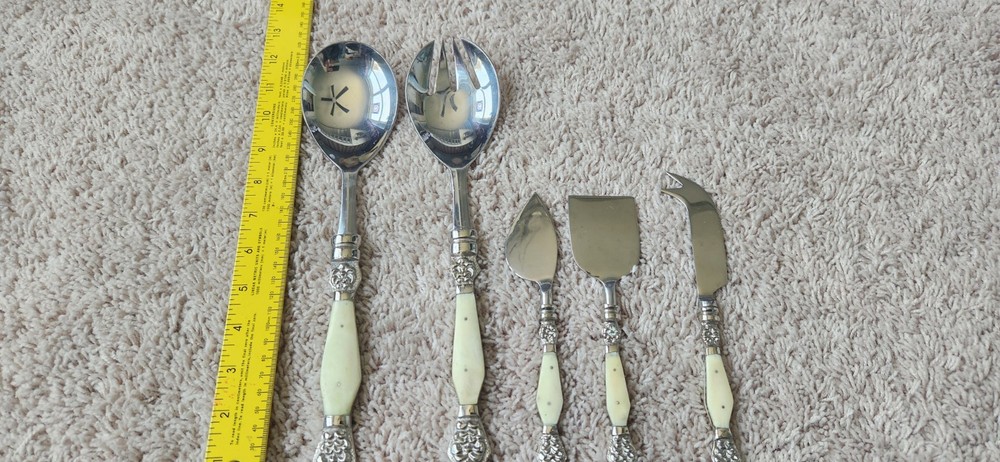 5 Piece Serving Set Unbranded Stainless And Bone Colored (#99)