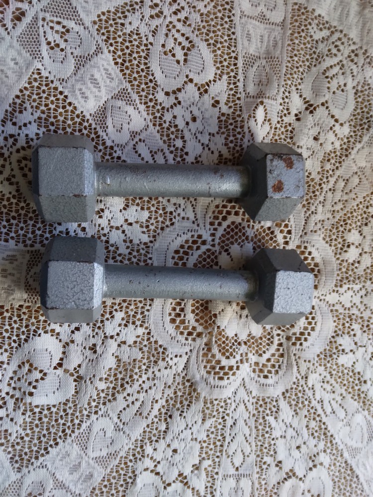 2 Vintage Silver Cast Iron 5 Pound Hex Dumbbell Weights
