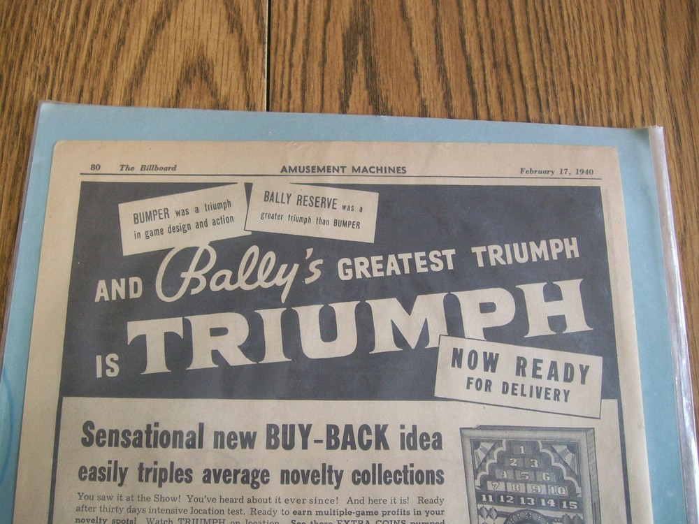 bally's pinball machine triumph ad advertisement from 1940 BALLYS