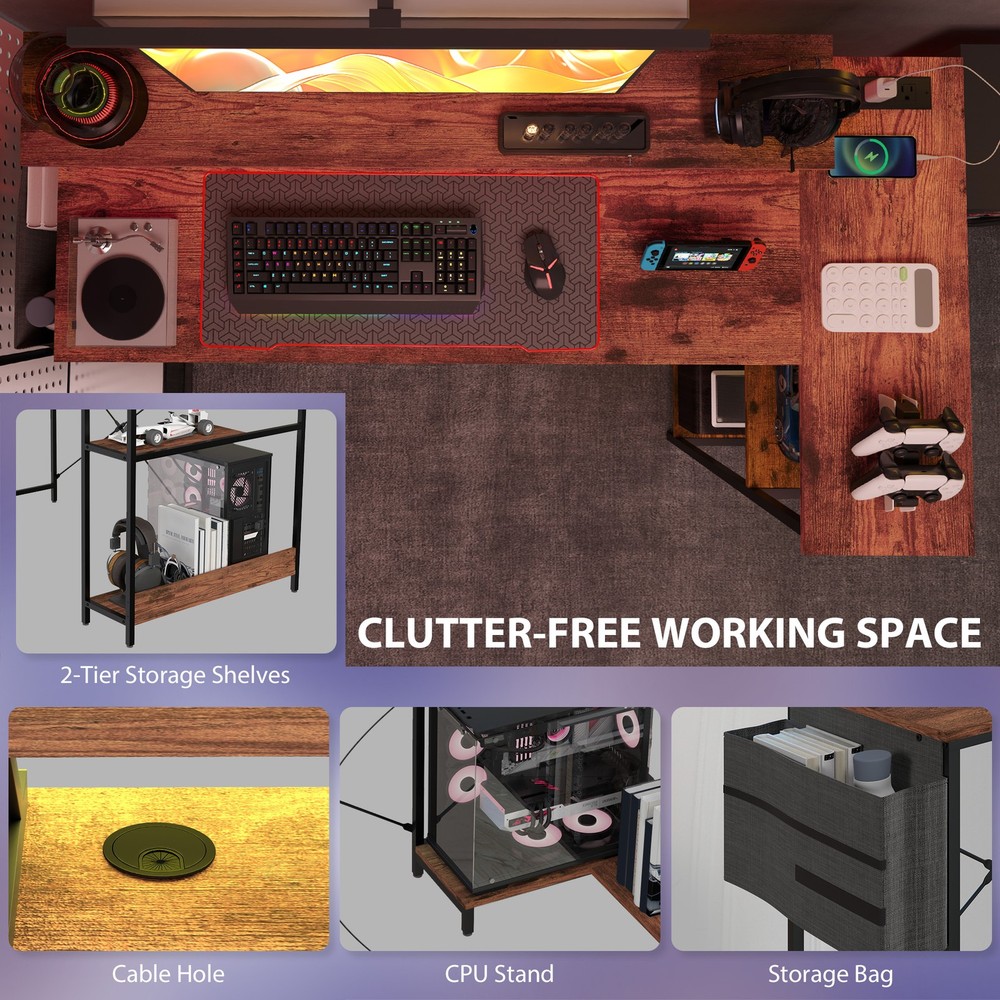 58" Reversible L Shaped Desk, Corner Computer Desk, Rustic Brown