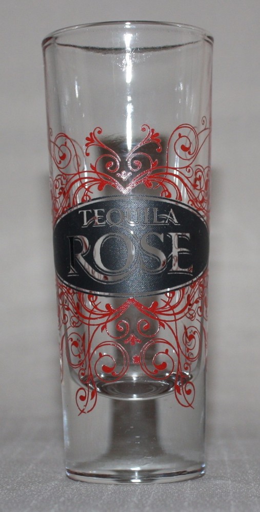 Tequila Rose Shot Glass Red Floral Scroll Pattern 4 1/8" Tall