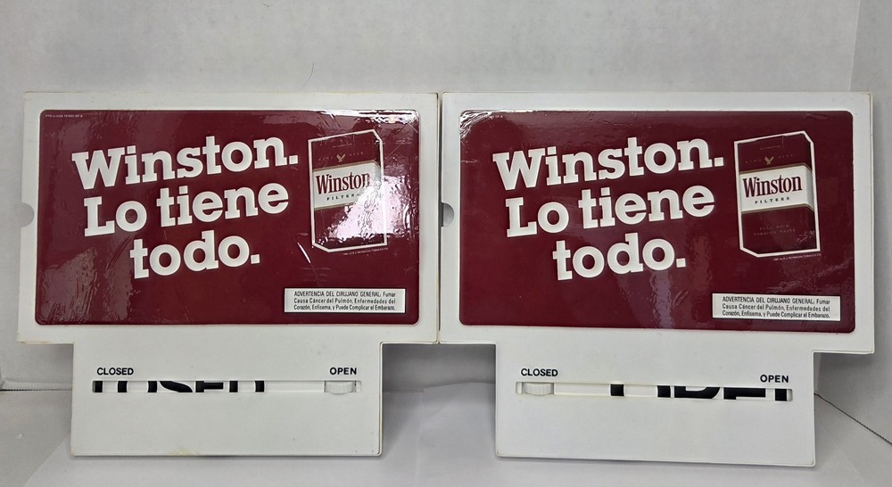 2 WINSTON Cigarettes Store Display Signs With Open/Closed Component Plastic