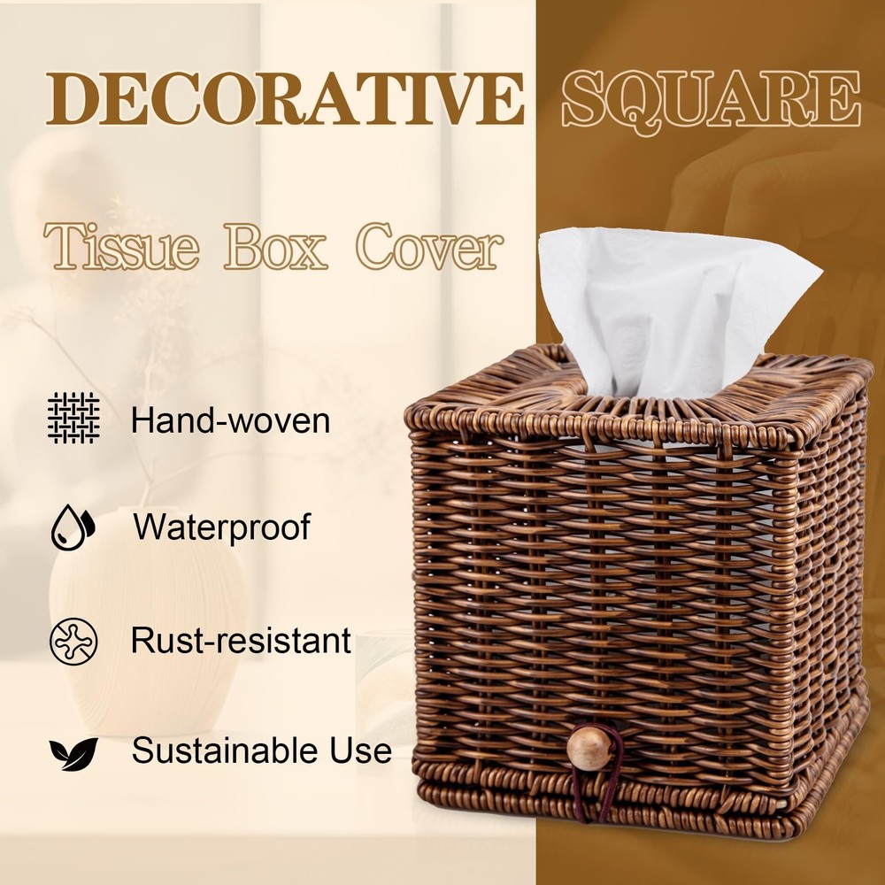 Rattan Tissue Box Cover Square Natural Woven Decorative Rectangle Tissue Box ...