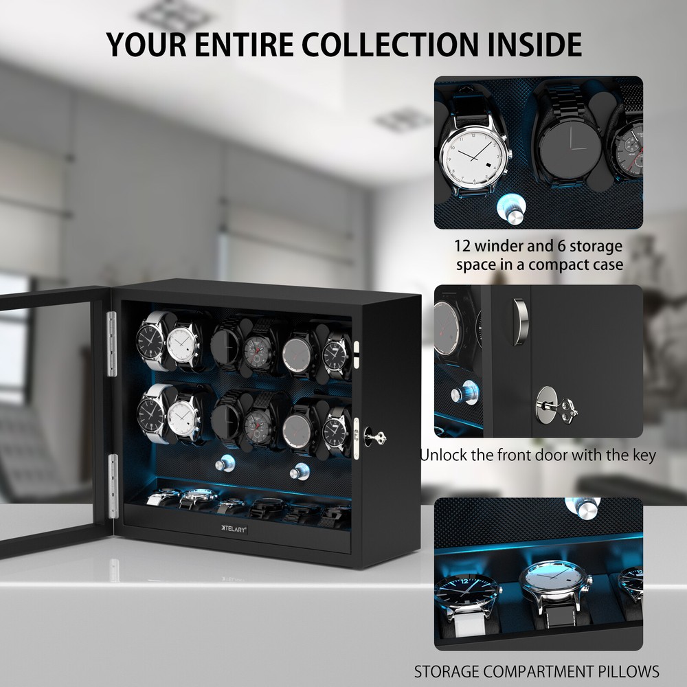Automatic 12 Blue LED Watch Winder With 6 Extra Storage Box With Mabuchi Motors