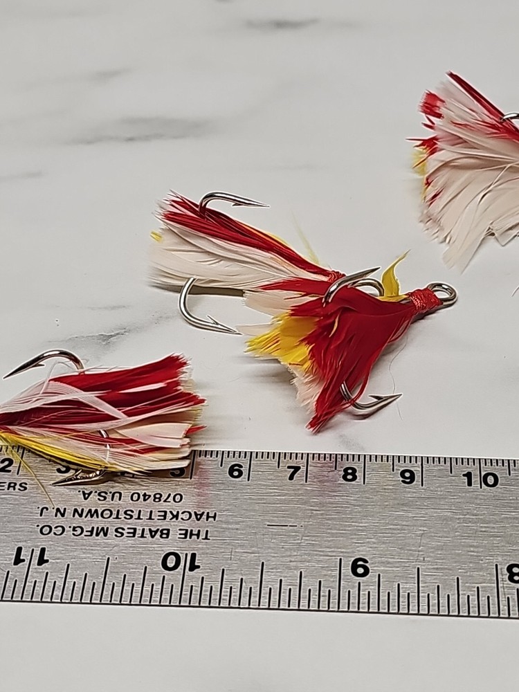 6 Dressed Treble Hooks with Yellow and Red Feather * Hook size #2/0*