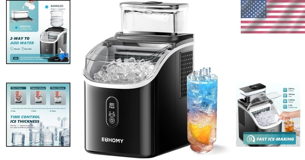 Rapid 16-Cube Ice Maker with External Tank - Ultra Quiet & 7-Minute Cycle