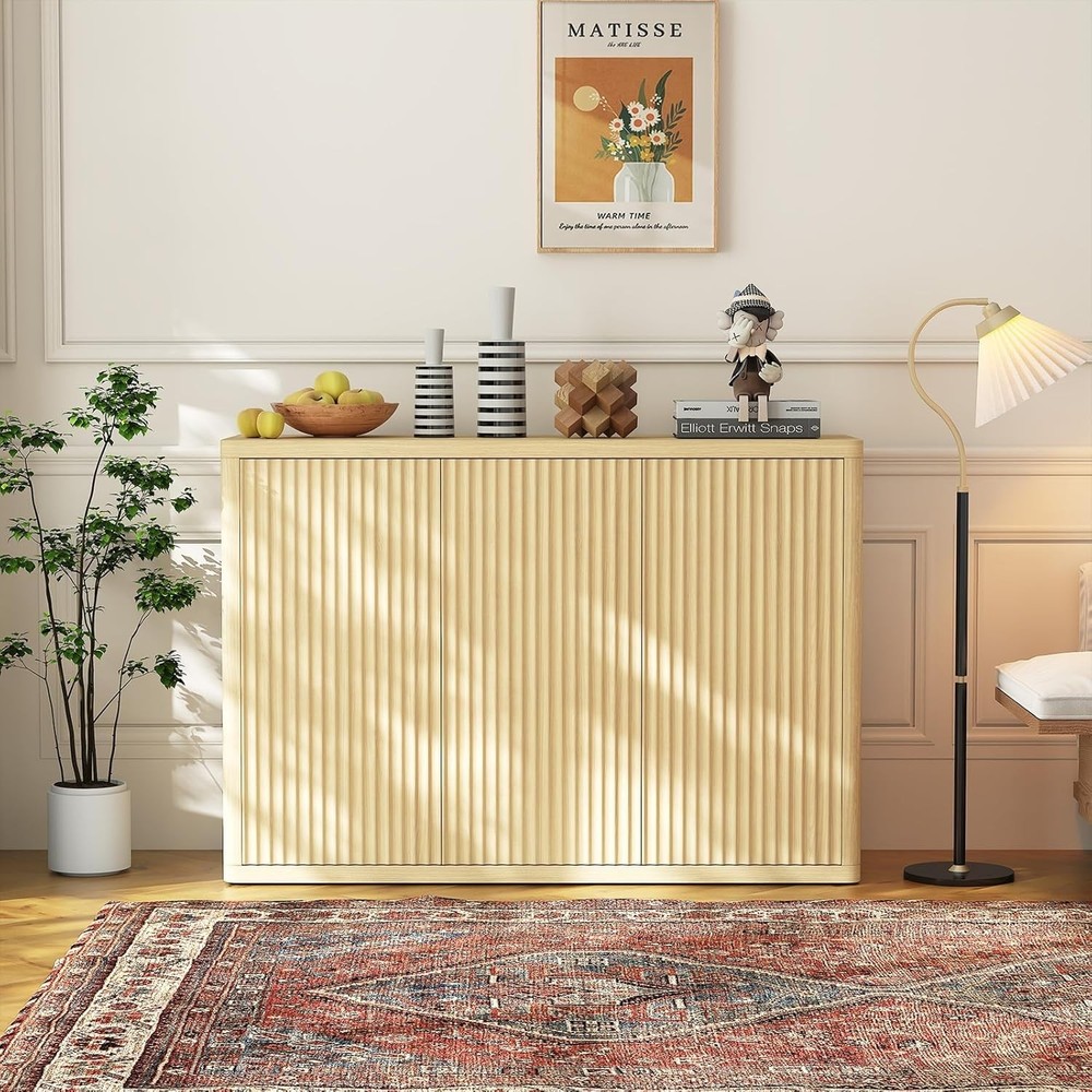 Fluted Buffet Sideboard with Adjustable Shelves & 3 Doors for Kitchen & Hallway