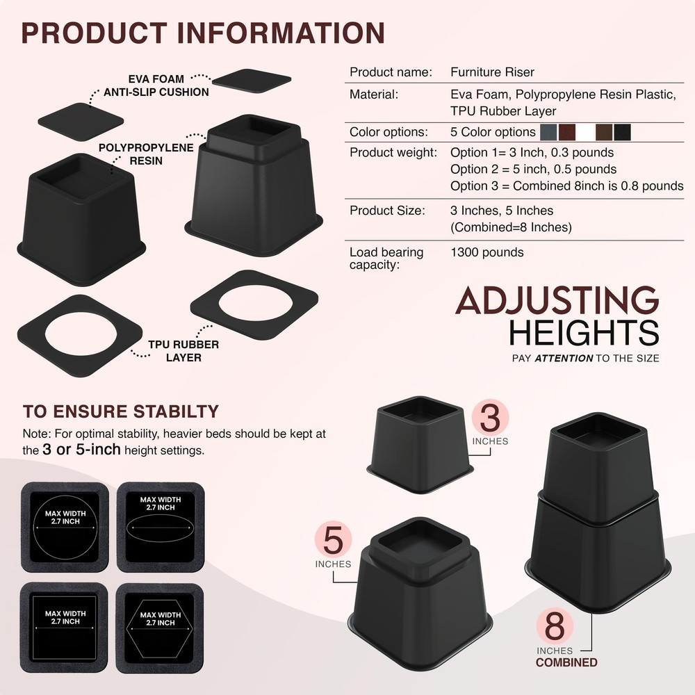Utopia Bedding Bed Riser, 3 & 5 Inches Adjustable Large, Small, Black