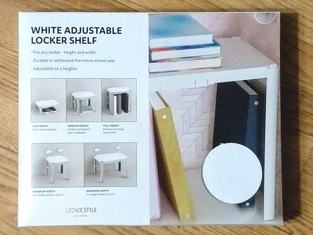 Locker Style Adjustable Locker Shelf, White, adj 3 heights & 2 widths, stackable