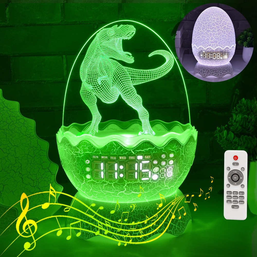 Dinosaur Egg Night Light Alarm Clock & Bluetooth Speaker for Kids