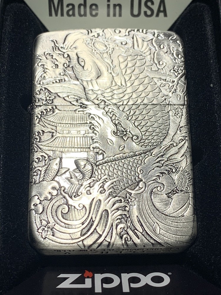 Zippo Lighter 2-side silver fish And Dragon Lighter