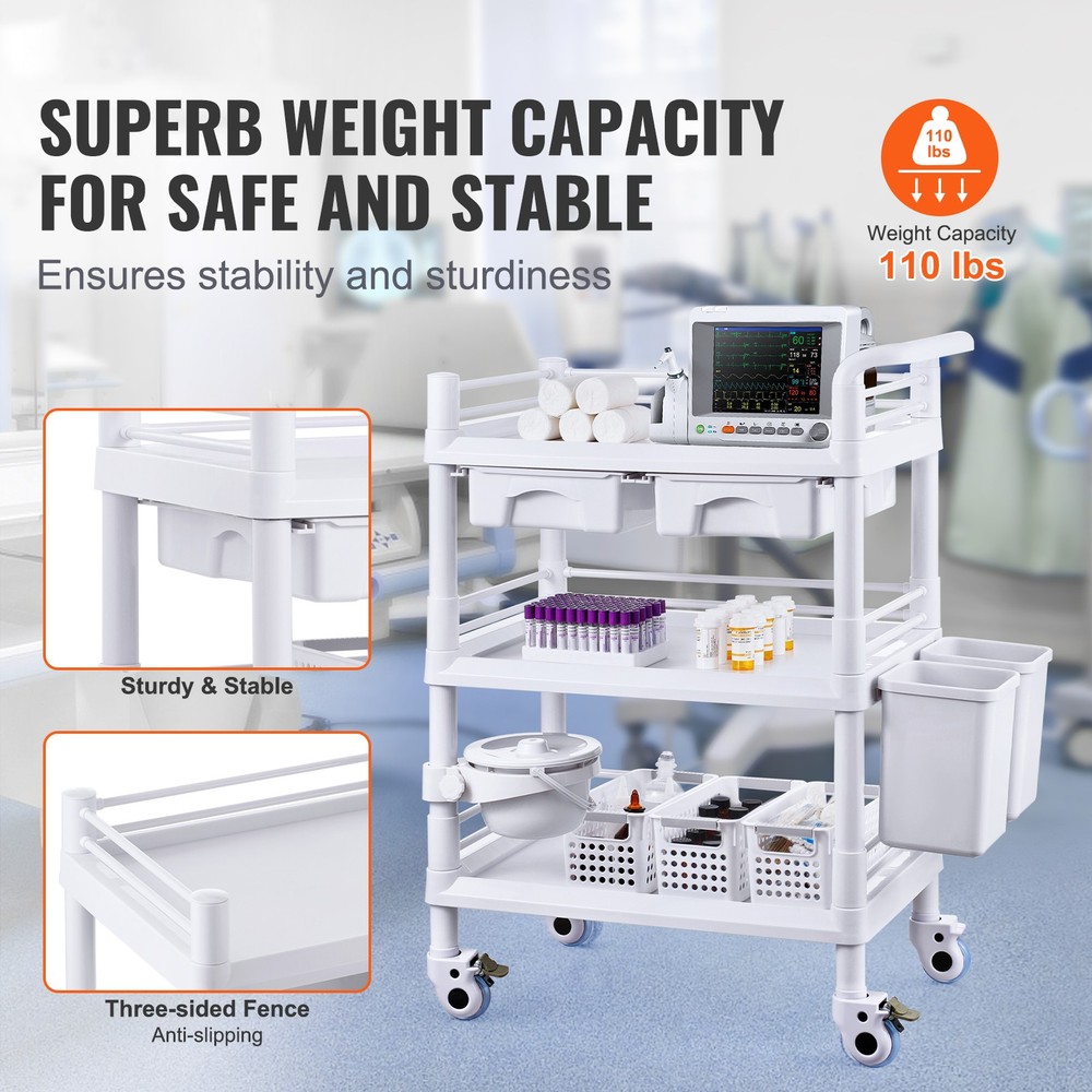 Rolling Lab Cart with 3 Trays & Trash Cans, Mobile Storage Trolley
