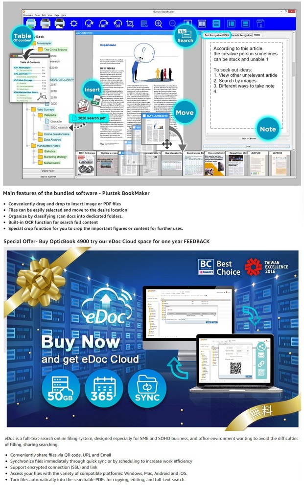 Plustek OpticBook 4900 Scanner - Book & Document Organizer for Academic Research