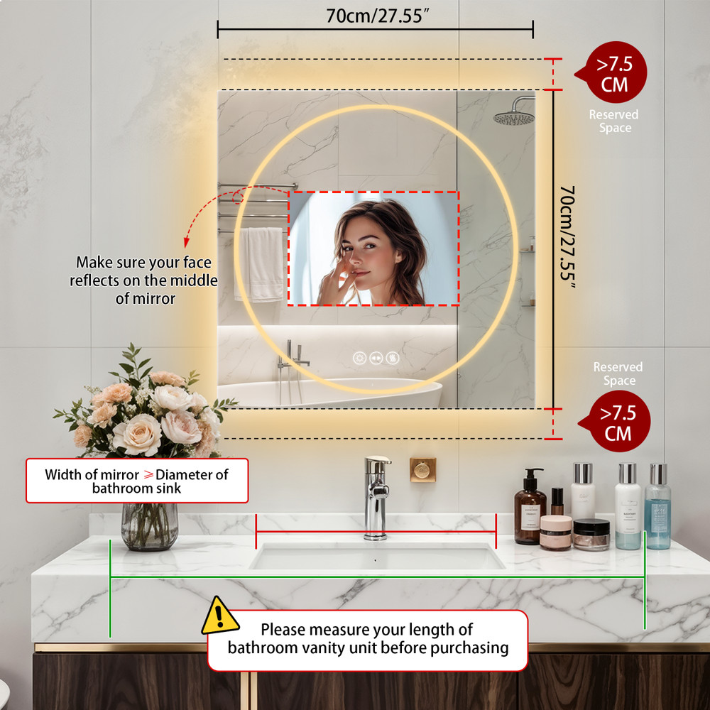 28/32/36'' LED Bathroom Mirror Front-lit and Backlight Square Wall Vanity Mirror