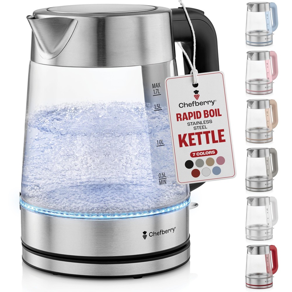 Electric Kettle Boiling Hot Tea Water 1,7L Stainless Steel Glass No Plastic