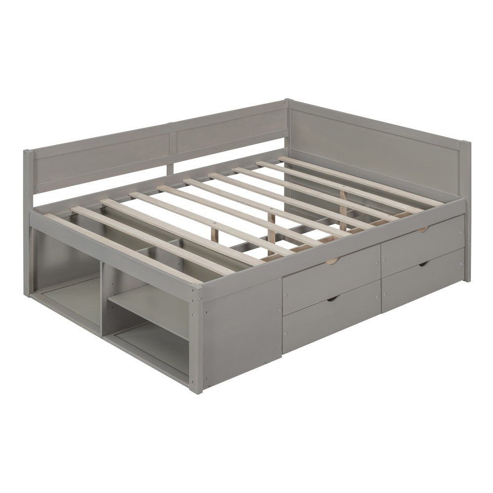 Full Size Daybed w/ Drawers & Shelves, Solid Wood Frame, Gray