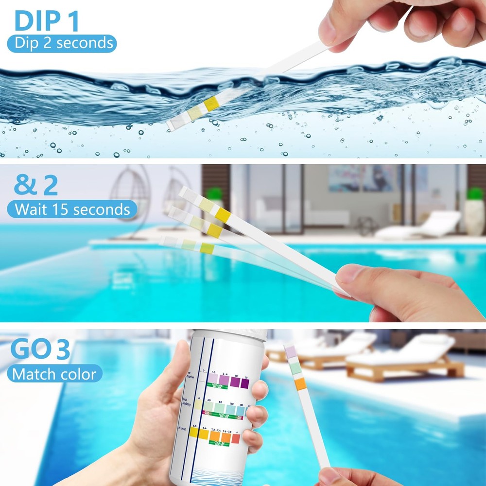 Test Strips for Pool & Spa 125 Count 3in1 Kit for pH, Chlorine, Alkalinity