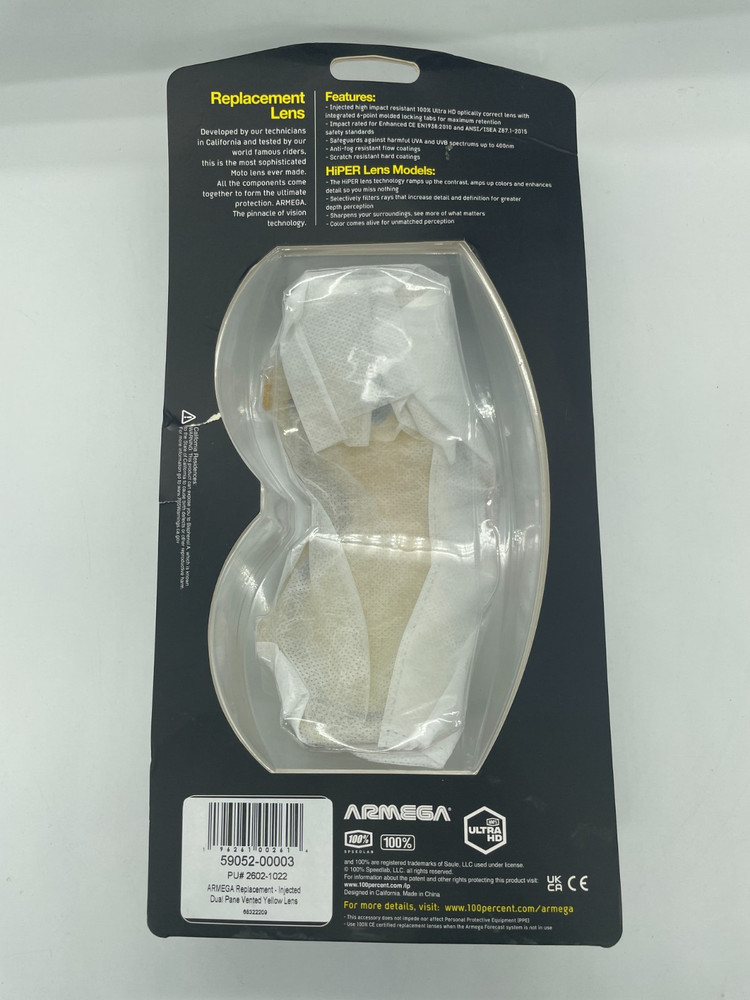 100% Armega Replacement Lens Dual Pane Vented Yellow