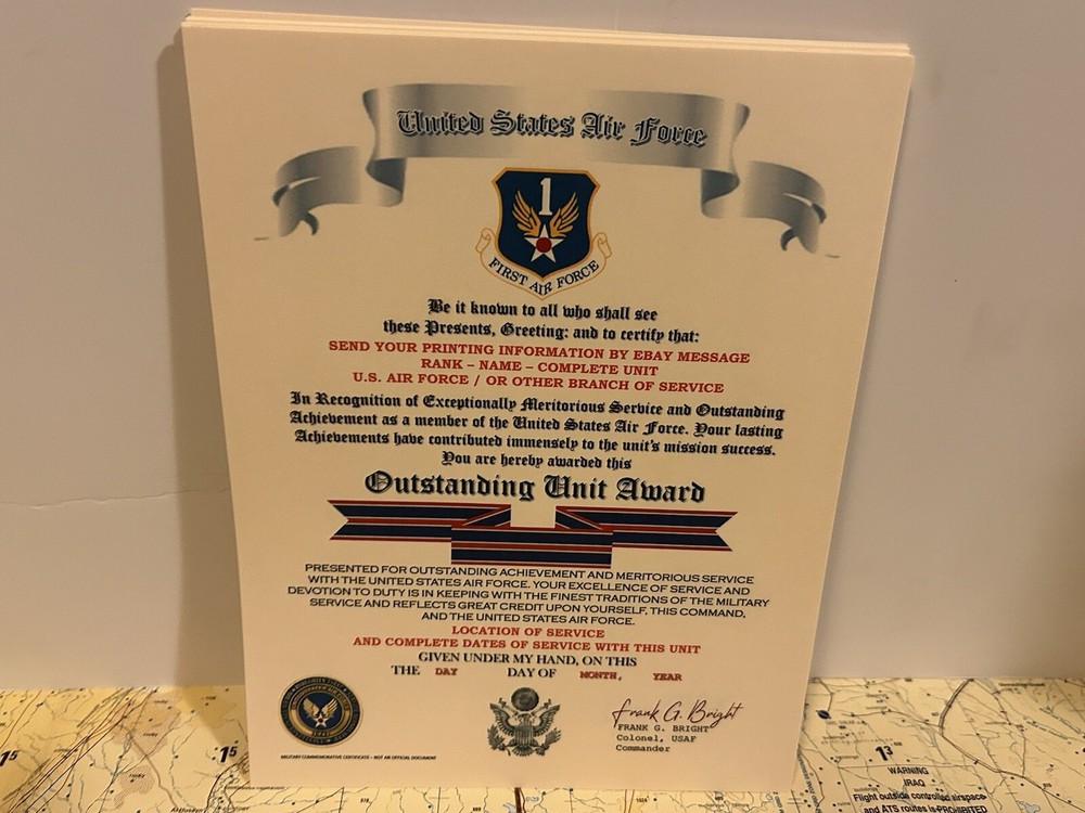 U.S. AIR FORCE / FIRST AIR FORCE - OUTSTANDING UNIT AWARD CERTIFICATE