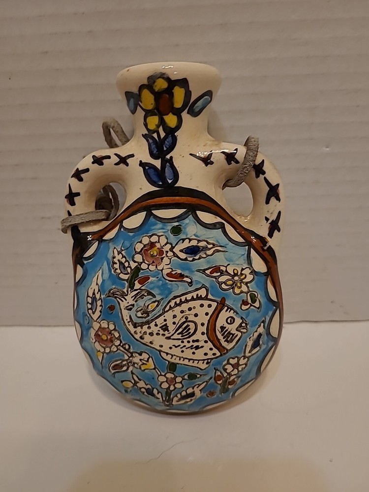 Vintage Ceramic Canteen With Fish Design Leather Strap