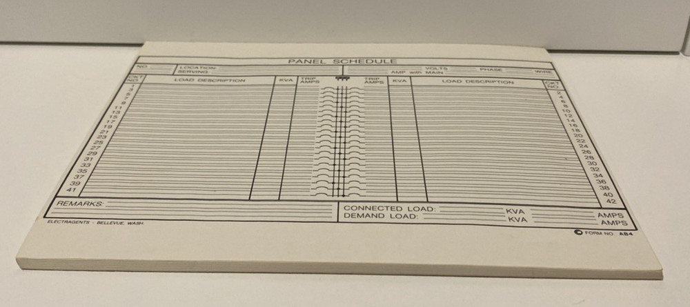 Vtg Electrical Panel Schedule / Circuit Breaker Panel Schedule Blank Sheets Pad