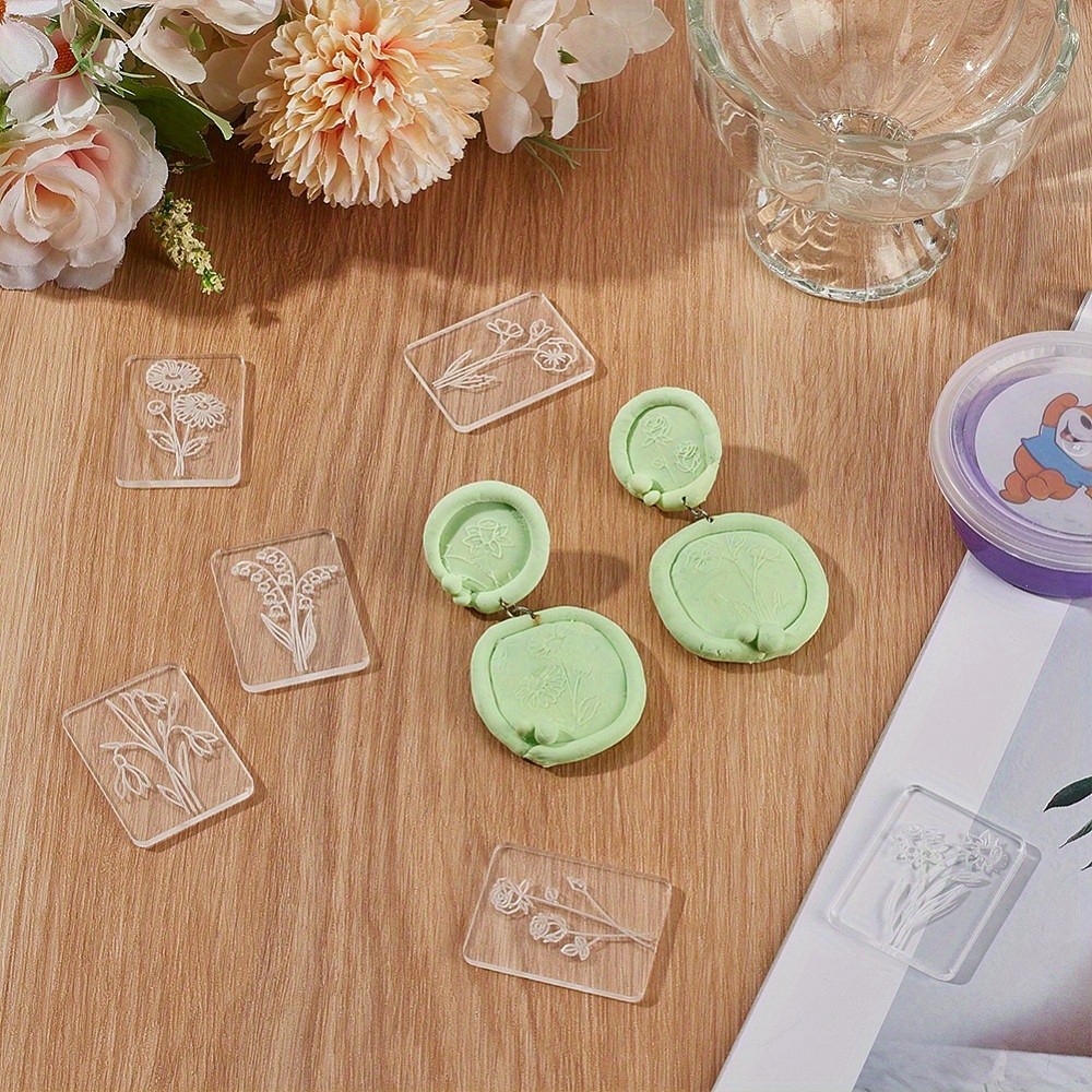1set Acrylic Clay Seal Modeling Tools Rectangle with Flower Pattern