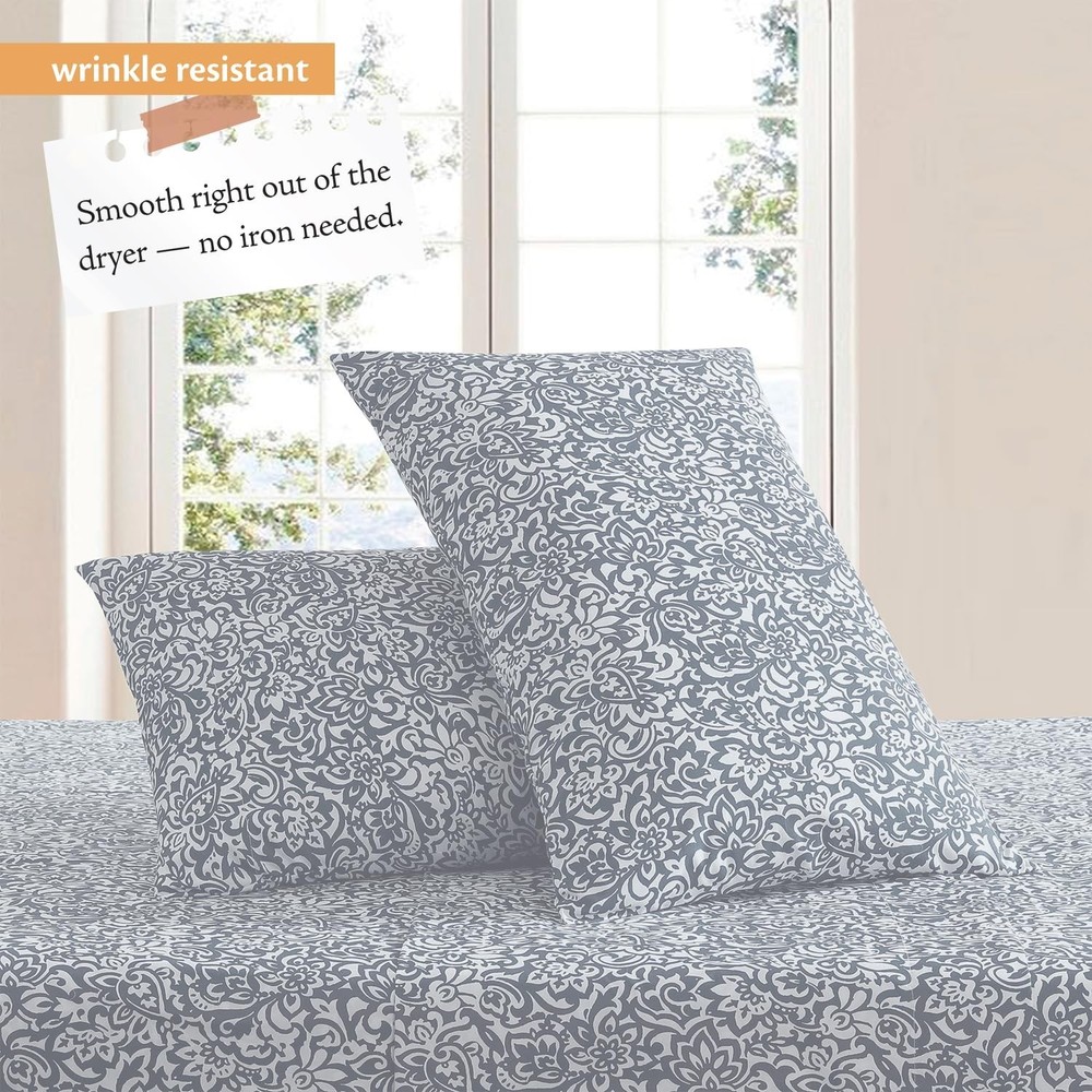 Indigo Ink - King Size Sheet Set, 4-Piece Boho Floral Damask Patterned Beddin...