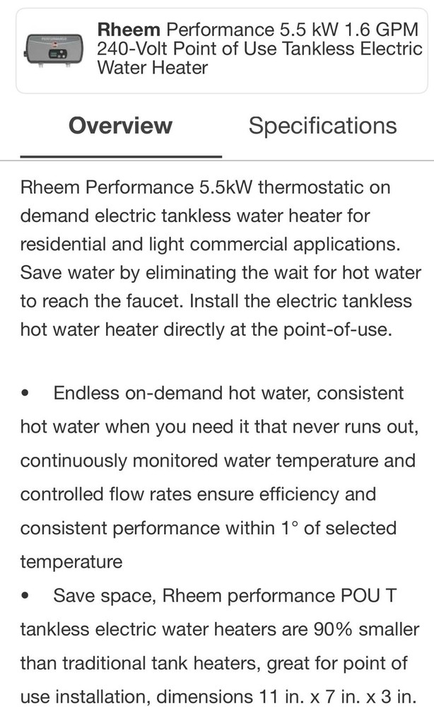 Rheem RETEX 06T - 6.5 kW 240v Tankless Electric Water Heater NIB