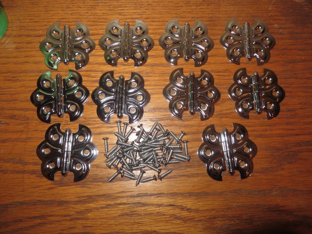 10 VINTAGE FLEUR DE LIS PATTERN BUTTERFLY HINGES  w Screws