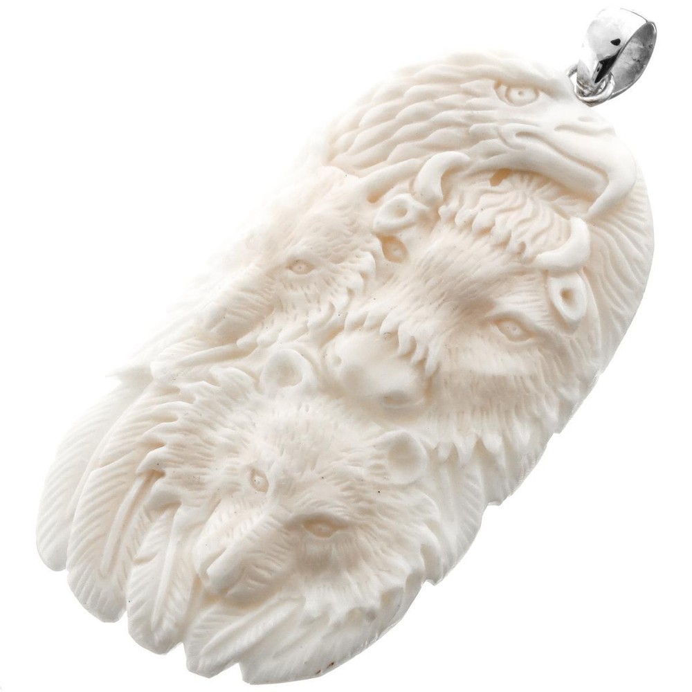 925 Sterling Silver Totem Carved Bull Wolf Eagle Bear Bison Bone Pendant, 3"