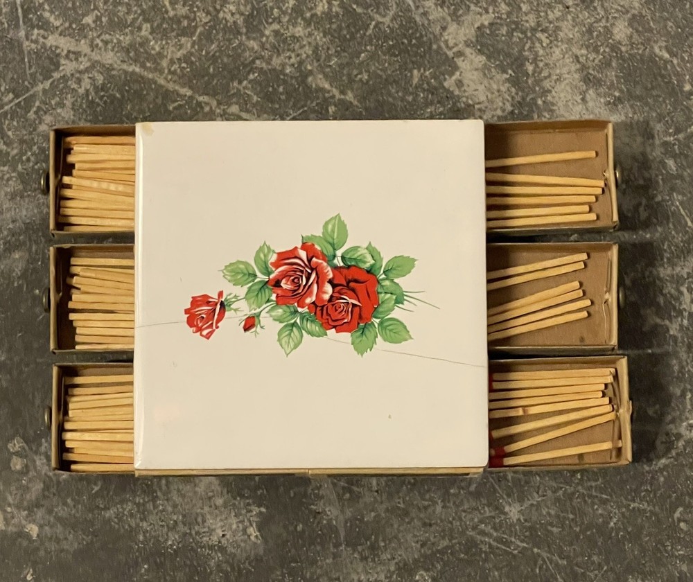 Vintage Square Roses Ceramic Tile Match Holder Box