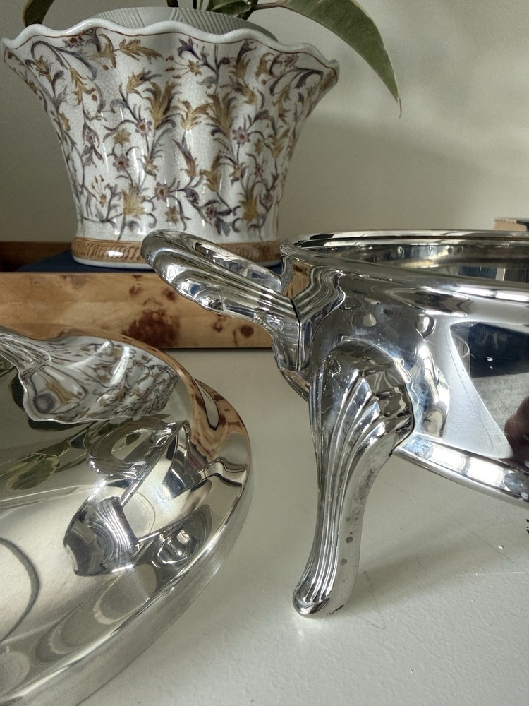 Antique Silver-Plated Serving Bowl with 2 Interchangeable Lids and Stand 9"