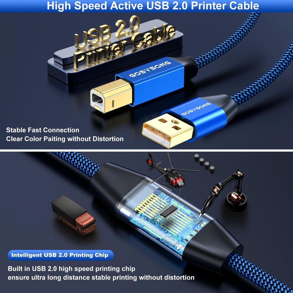 100ft Active USB 2.0 Cable, Type A to B, High Speed 100ft, Blue