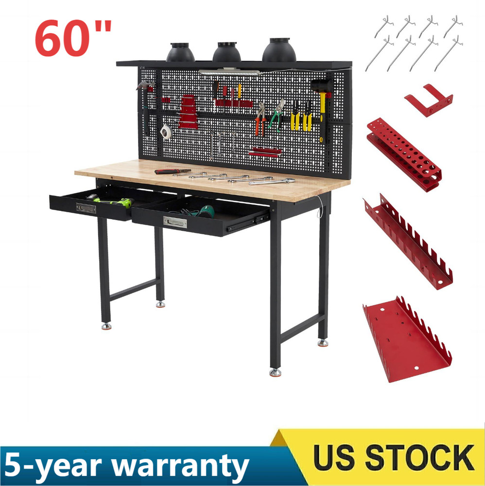 🔝60" Heavy-Duty Workbench with Pegboard, Power Outlets,Drawers & 2000 lb Capaci