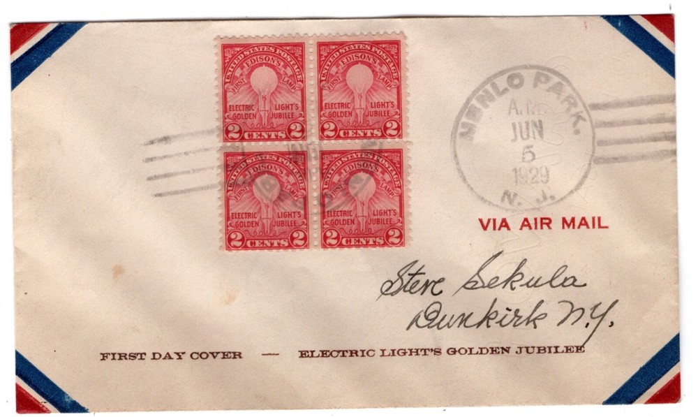 #654 Electric Light Edison 1929 FDC - Planty #46
