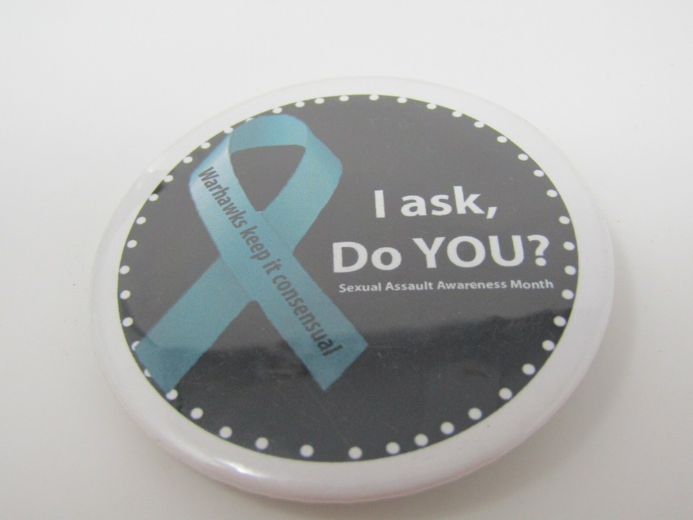 Sexual Assault Awareness Pinback Button Teal Ribbon "Warhawks Keep it