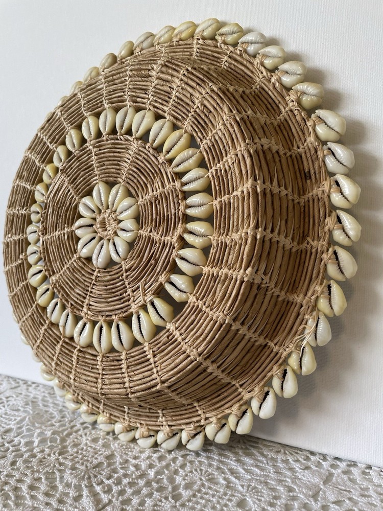 Round Wicker Decorative Basket with Shell Accents, Boho Style, Handmade