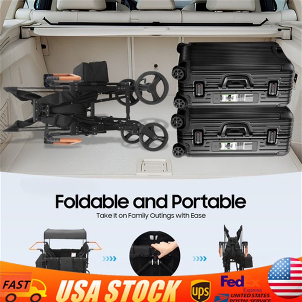 4 Seater Stroller Wagon Quad Stroller Wagon 4 Kids w/Adjustable Handle & Canopy