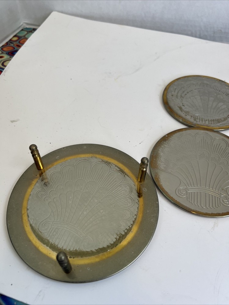 VTG Silver Plated 7 Piece 6 Coaster Set & Holder Etched With Shell Design