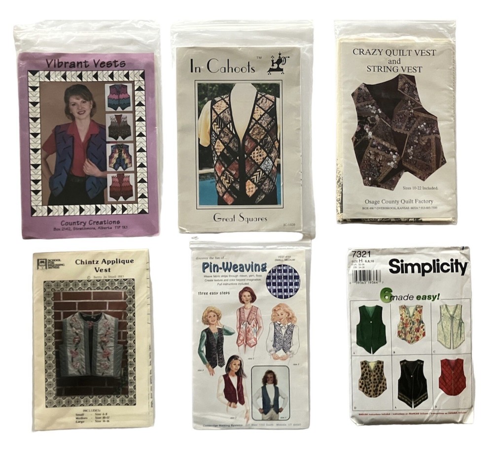 Womens Vest Sewing Pattern Lot Crazy Quilt Patchwork Applique Simplicity Boho