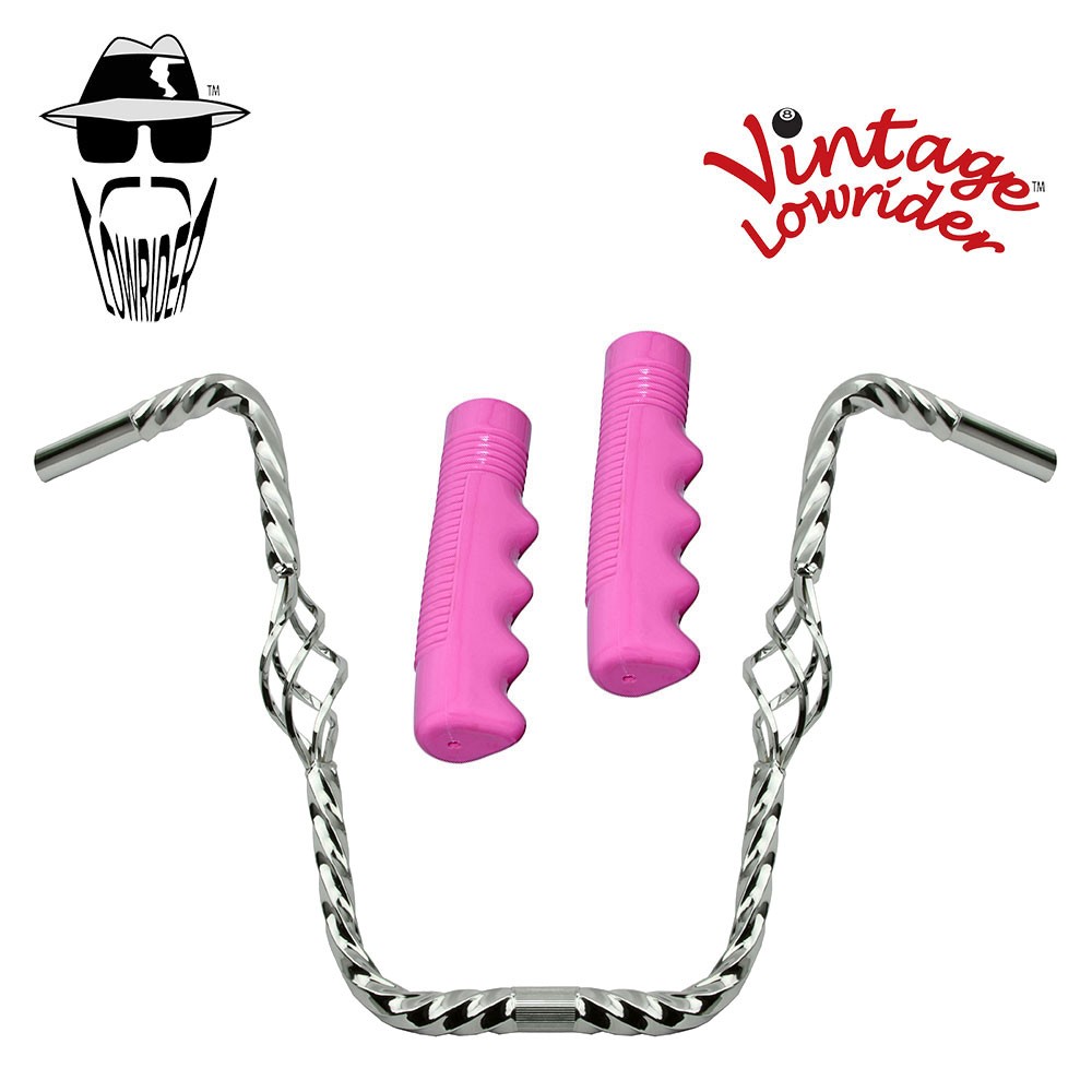 Lowrider Cage Twisted 16" 25.4 Handlebar Chrome 120 Grips Solid/Pink
