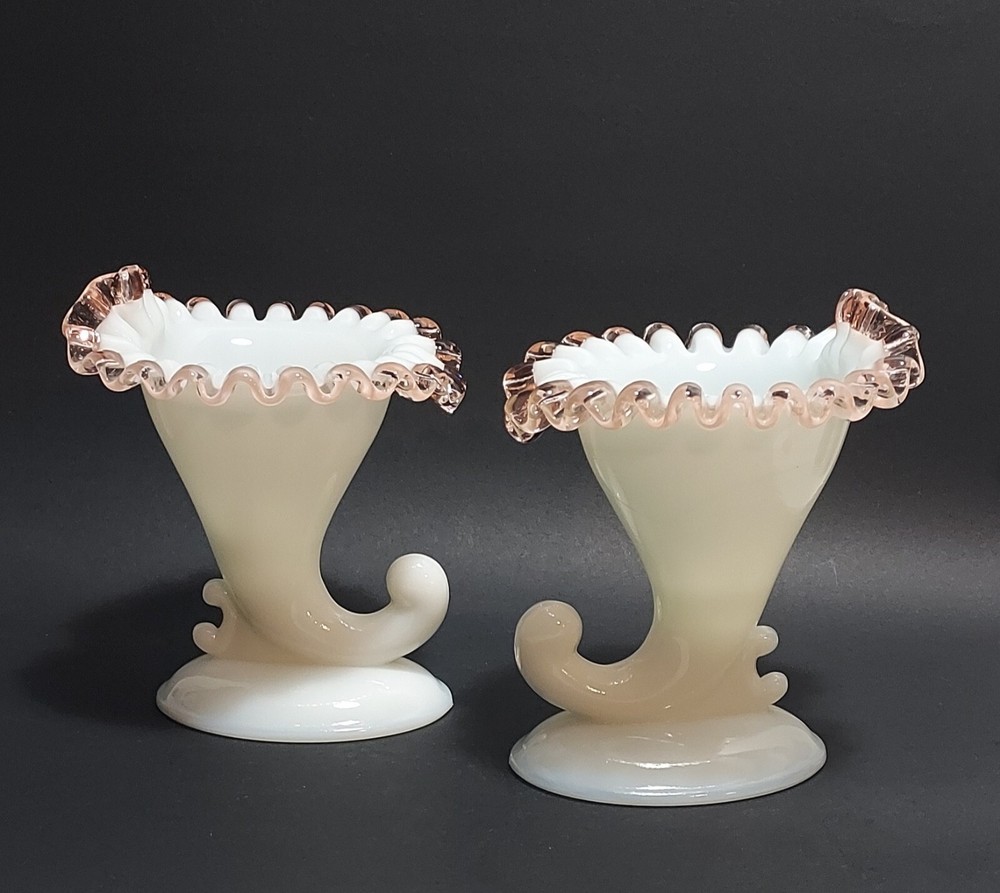 Fenton Rose Crest Cornucopia Horn Of Plenty Candlestick Holders Pair