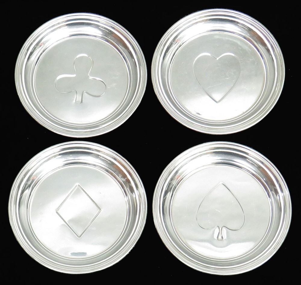 VINTAGE WEBSTER (4) STERLING SILVER 3.5" POKER CARD SUIT COASTERS