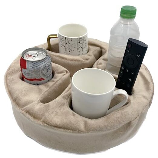 Couch and Bed Cup Holder Pillow, Sofa Organizer Caddy for Drinks, Beige