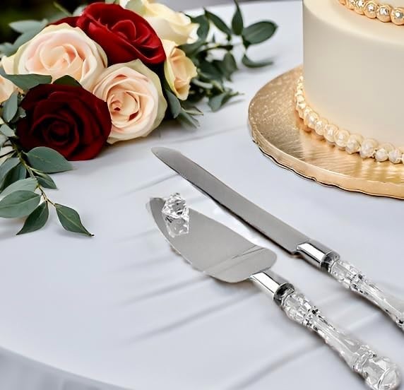 Elegant Cake Knife and Server Set Stainless Steel with Crystal Handle - Perfe...
