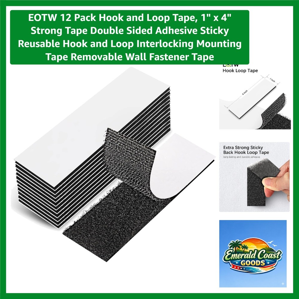 12 Pack Strong 1x4" Double-Sided Hook and Loop Tape - Reusable Adhesive Solution