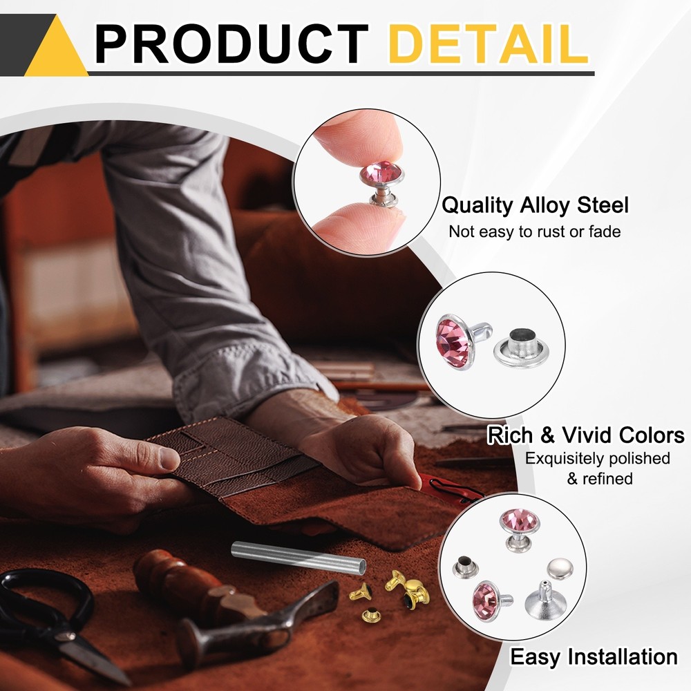 100pcs Crystal Rivets 9mm Rhinestone Stud with Installation Tool, Silver Pink