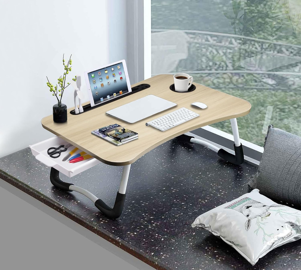 Lap Desk with Tablet Slot, Foldable Laptop Table with Storage Drawer，Portable Be